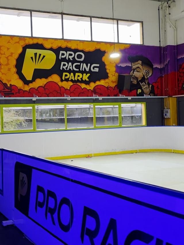 La pista de eco patinaje con las vallas y los murales del salón