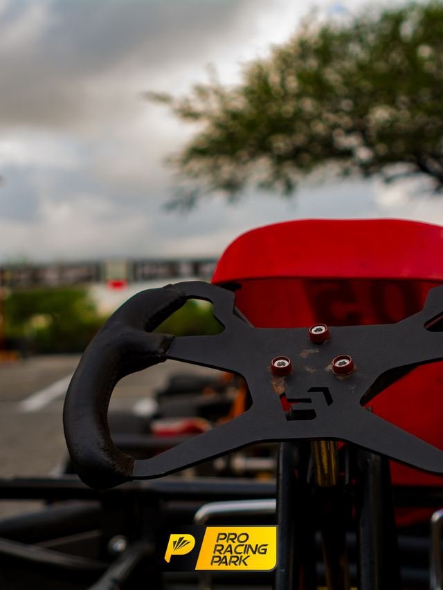 Volante de un kart visto desde la butaca, con la pista adelante
